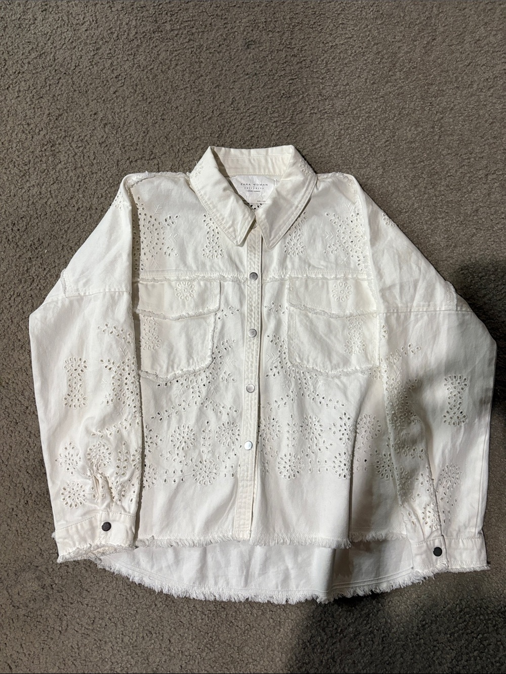 Zara women eyelet oversized jean jacket spring.